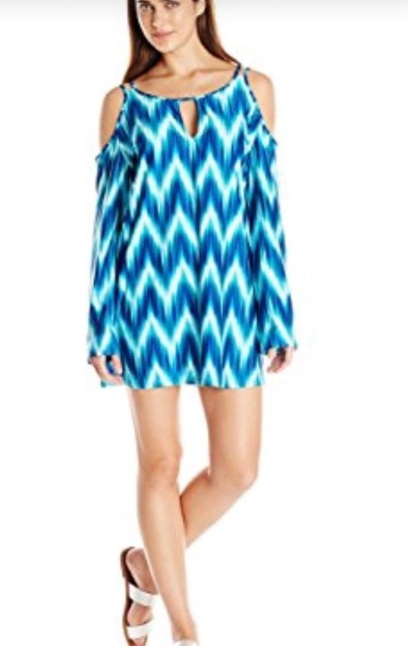 La Blanca Blue Wave Strappy Mini Long Sleeve Beach Cover Up Dress S NWT
